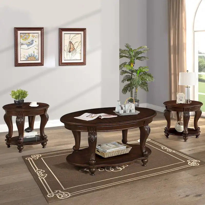 Set Tavolino da caffè, Tavolino da caffè e Due Tavolini Laterali Set da 3 Pezzi per Ufficio, Soggiorno, Top Bianco Scrostato e Ciliegio