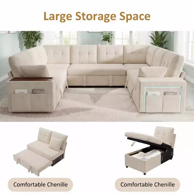 Divano letto componibile modulare Dyonery 112 con letto estraibile, divano componibile a U con contenitore, divani con seduta extra ampia e profonda per soggiorno