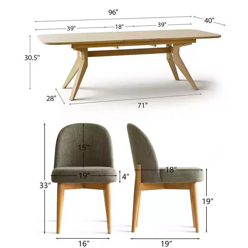 Set da pranzo da 7 pezzi, tavolo allungabile 78-96 con base a cavalletto e sedie imbottite con gambe in legno massello-Panipeachy