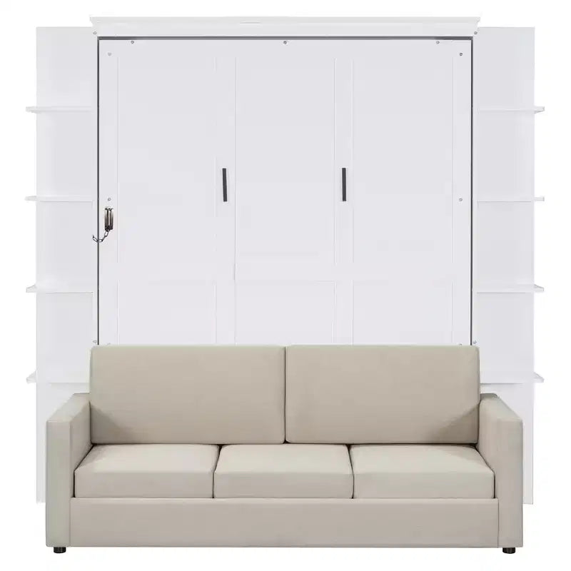 Letto a scomparsa Queen Murphy con divano, letto a scomparsa Queen Size con armadio, letto a parete pieghevole con libreria e mensole per camera degli ospiti o ufficio