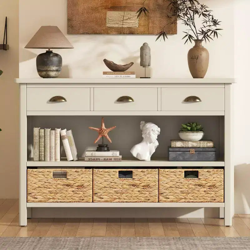 Console de table d'entrée avec rangement, table de couloir de style ferme avec 3 tiroirs et 3 paniers en jacinthe d'eau pour salon ou hall d'entrée - Panipeachy