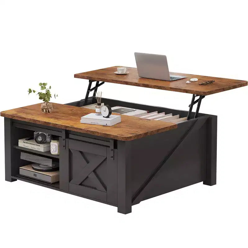JIONJOY 31.5 Tavolino da Caffè con Piano Sollevabile, Ampio Vano Contenitore Nascosto, Scaffali Regolabili, Tavolo Centrale Quadrato in Stile Rustico per Soggiorno, Piccoli Spazi