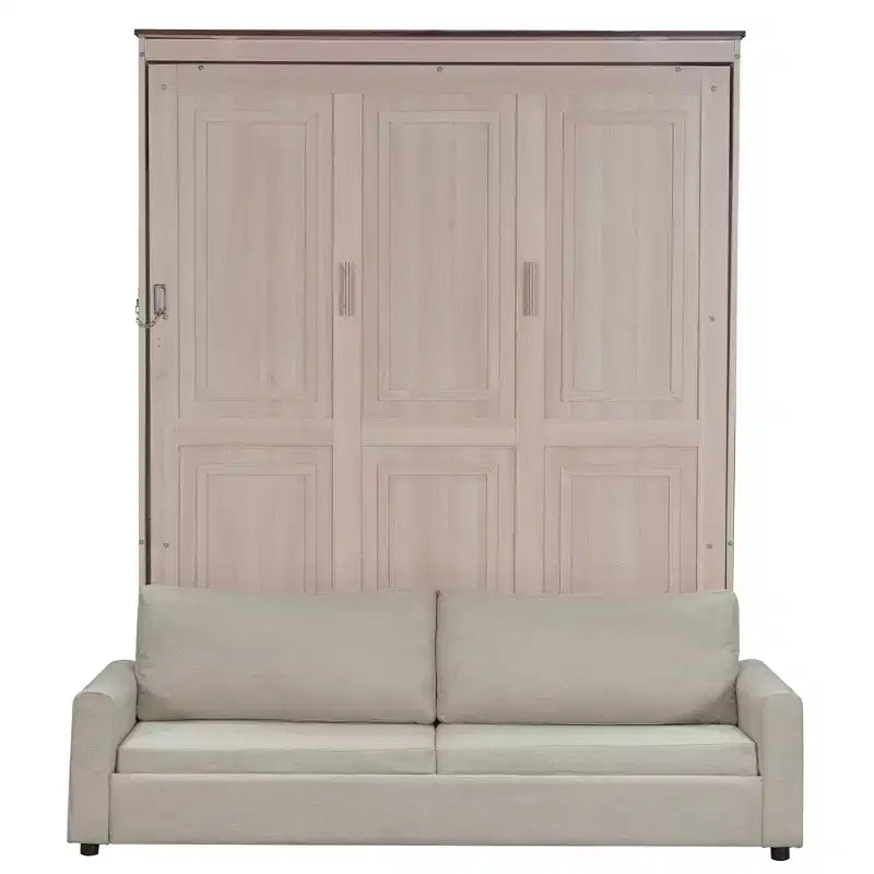Letto a scomparsa Queen Size con divano, letto a scomparsa in legno Queen con luce LED, letto a cassapanca pieghevole con per camera degli ospiti, Beige