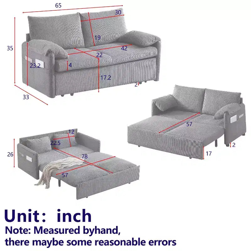 Divano Letto Convertibile in Velluto a Coste 3-in-1 con Letto Estraibile 64.5