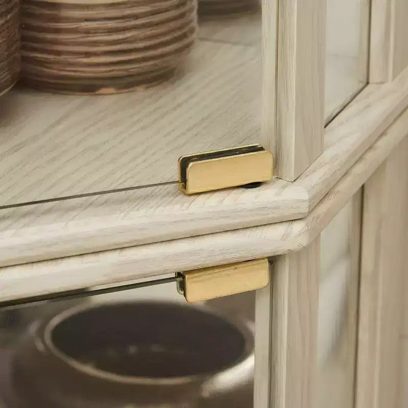 Vetrina angolare con ante e ripiani in vetro, Espositore angolare per soggiorno