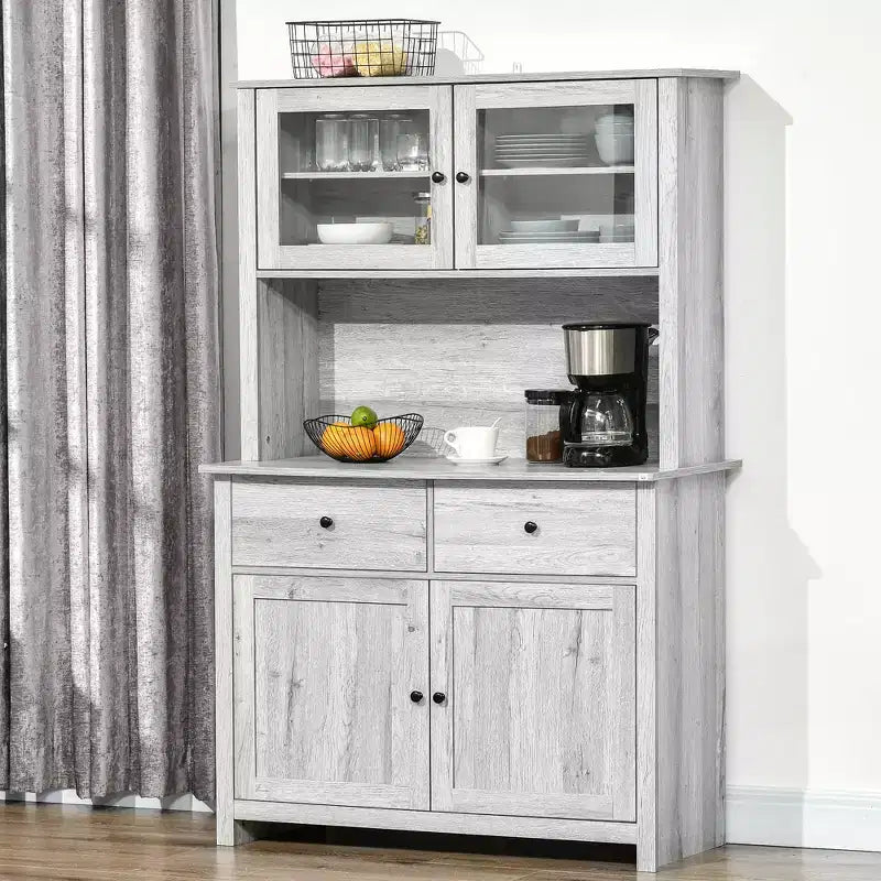 HOMCOM Credenza da Cucina 63,5 cm con Vetrina Superiore, Armadietto Dispensa con 4 Ripiani, Cassetti, Ante in Vetro, Ripiano Aperto per Microonde