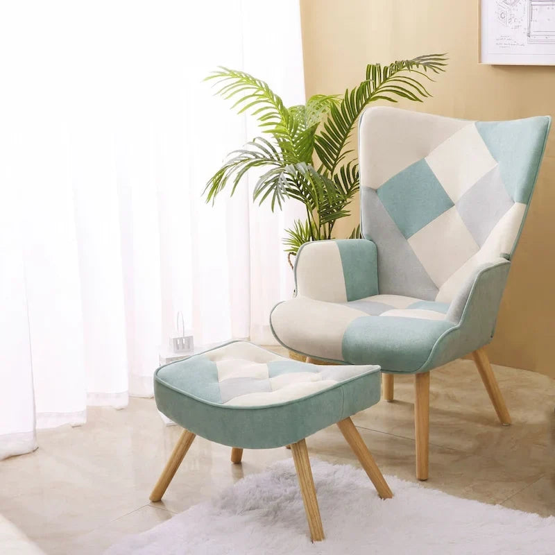 Poltrona con Pouf, Set Sedia e Ottomana per Soggiorno, Comoda Poltroncina Laterale per Camera da Letto, Superficie in Tessuto con Giunture Creative