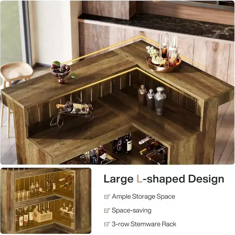 Mobile bar a L Lantine, tavolo da bar angolare a 4 ripiani con mensole e porta calici da vino per pub domestico