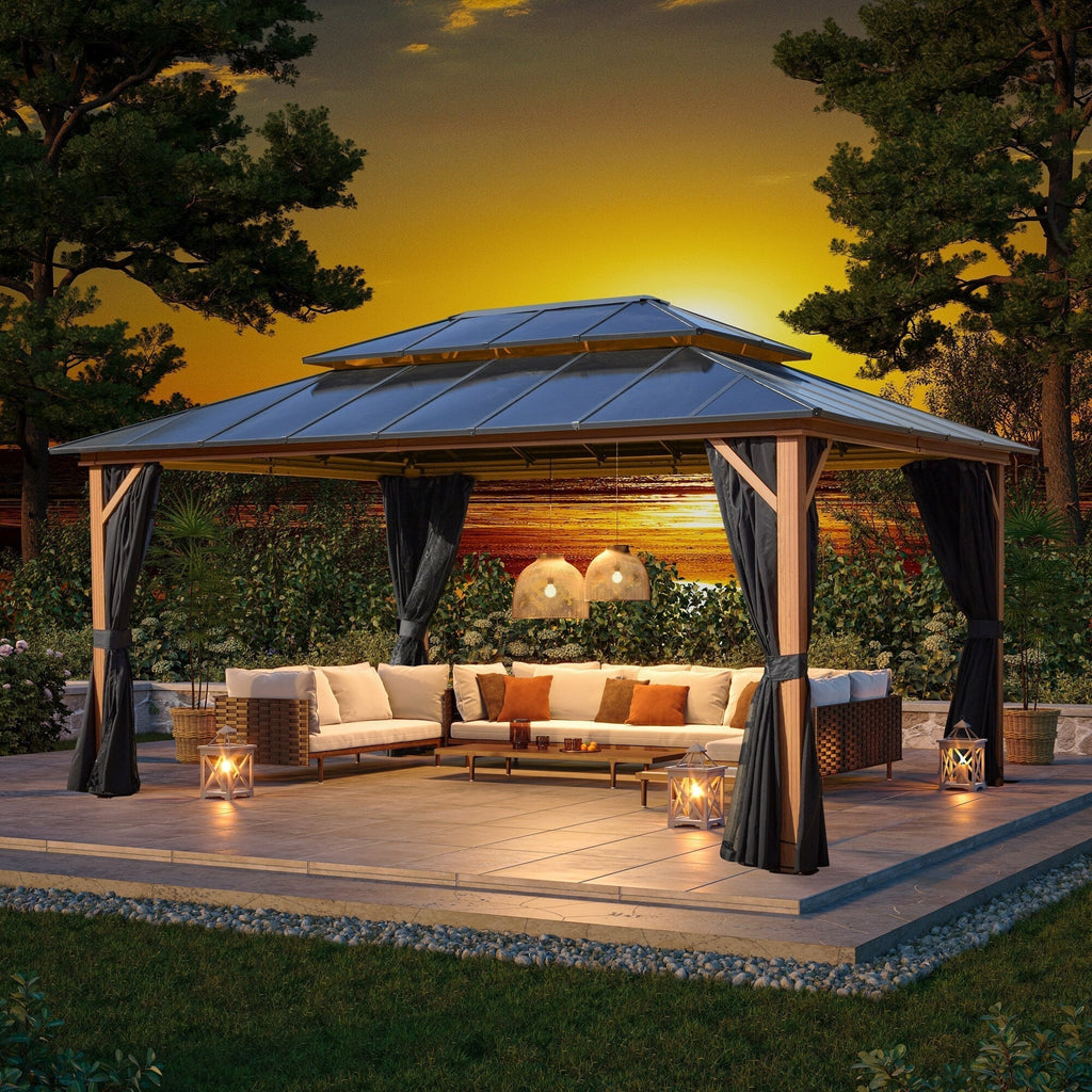 EROMMY Gazebo a tetto rigido, Pergola da esterno con doppio tetto, zanzariere e tende, Tenda da sole resistente per patio, cortile, feste in piscina