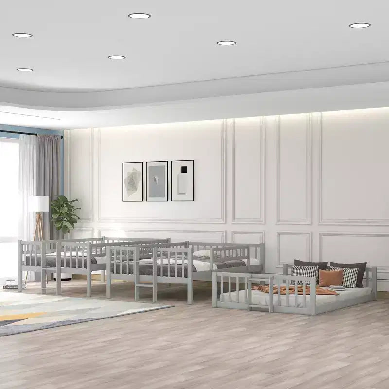 Letto a Castello Triplo Full Over Full con Scaletta Convertibile e Scivolo, Letto Triplo con Sponde di Protezione, Bianco/Grigio/Espresso - ModernLuxe