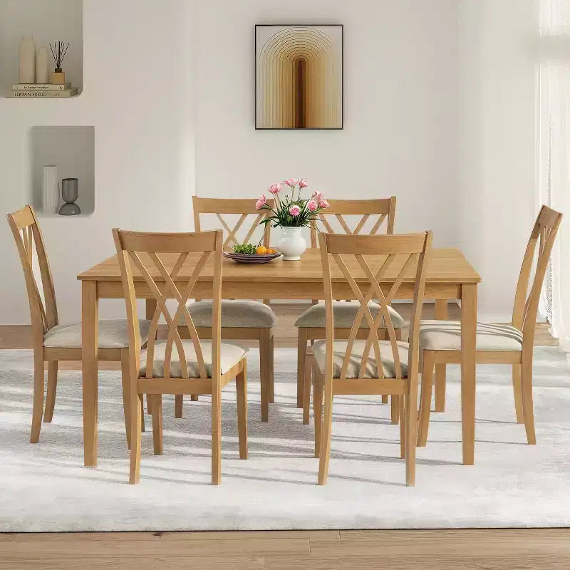Zevemomo Set da Pranzo da 7 Pezzi in Legno Massello con 6 Sedie Imbottite, Set Tavolo e Sedie Salvaspazio, per Sala da Pranzo, Cucina, Colore Legno Naturale