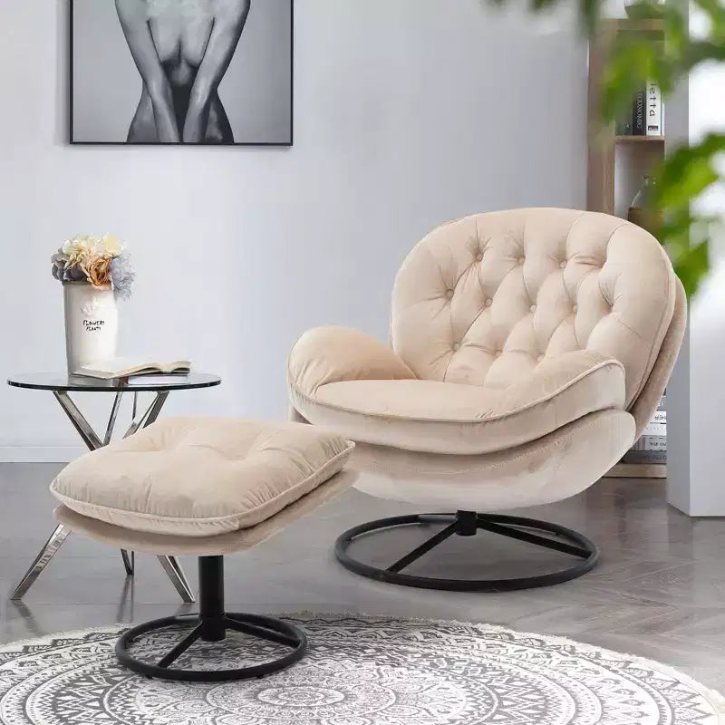 Fauteuil d'appoint en velours Okak avec pouf, fauteuil de salon moderne de style scandinave sans accoudoirs, fauteuil d'appoint doux et confortable pour regarder la télévision, jouer à des jeux
