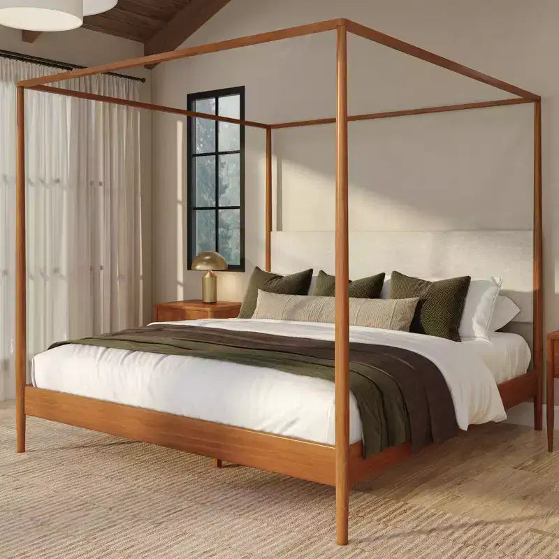 Letto a baldacchino Harbor King con testiera imbottita, biondo/Swiss Coffee (MD2411-01)