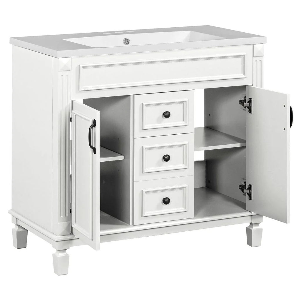 Mobile Bagno Moderno da 90cm con Lavabo Integrato e Specchiera, 2 Ante e 2 Cassetti