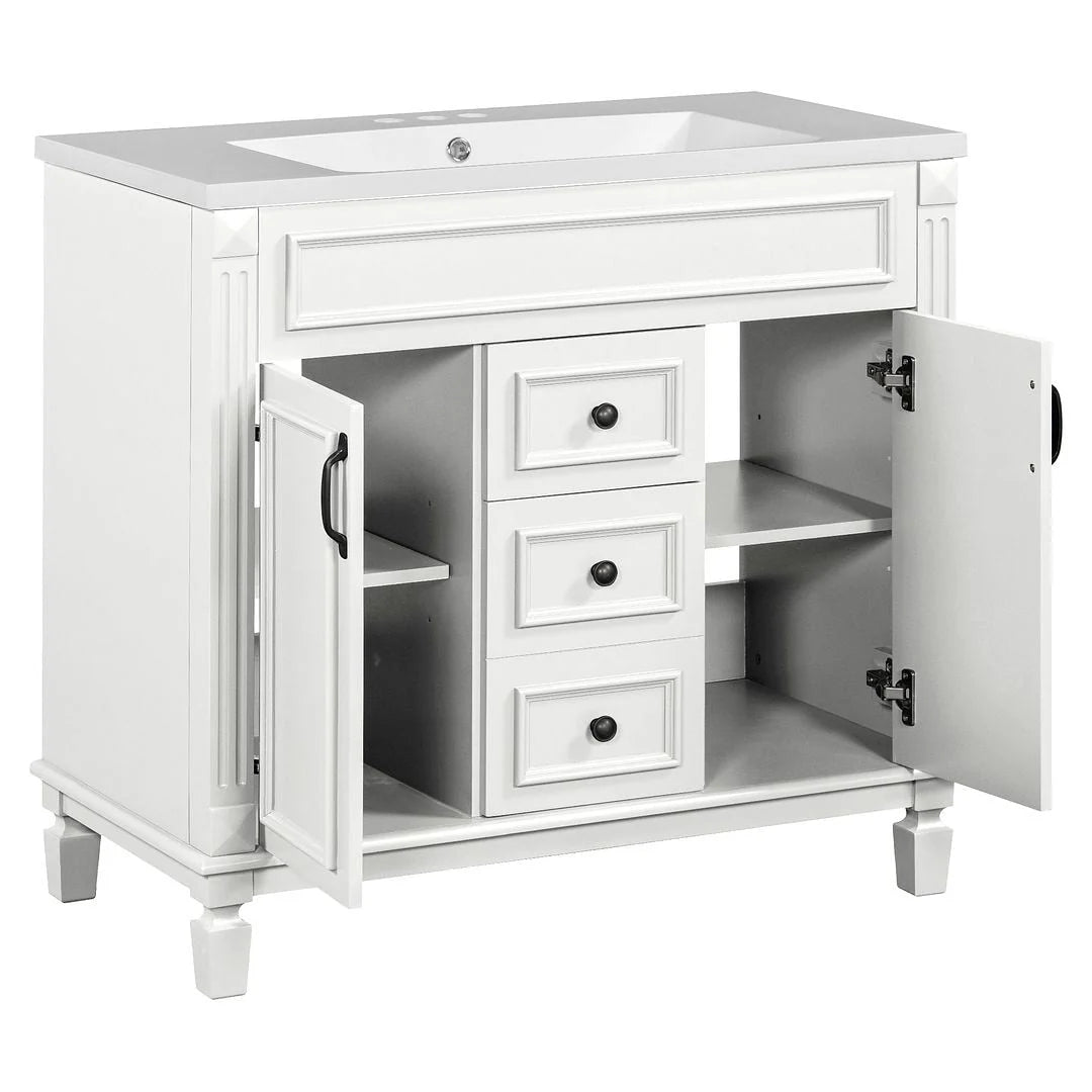Mobile Bagno Moderno da 90cm con Lavabo Integrato e Specchiera, 2 Ante e 2 Cassetti
