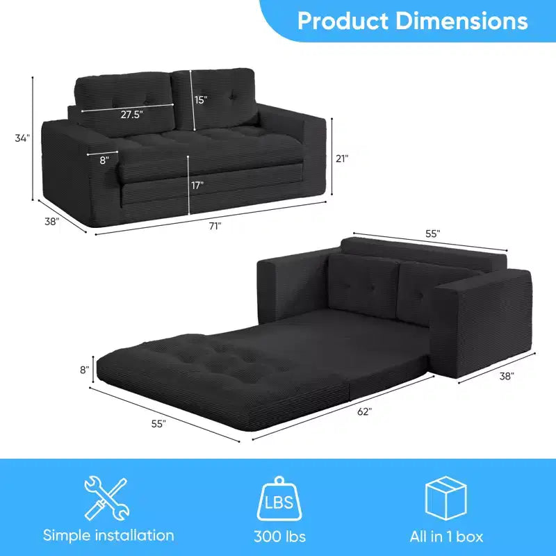 Mjkone Divano letto futon convertibile 2 in 1 da 180 cm, in tessuto a coste, pieghevole, con bottoni trapuntati, divanetto salvaspazio