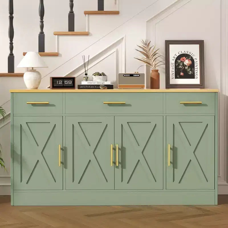 Mobile Buffet Celebalcony con Contenitore, Grande Mobile Contenitore da Cucina da 53,4 pollici con 3 Cassetti e 4 Ante, Ripiano Regolabile per Cucina, Soggiorno