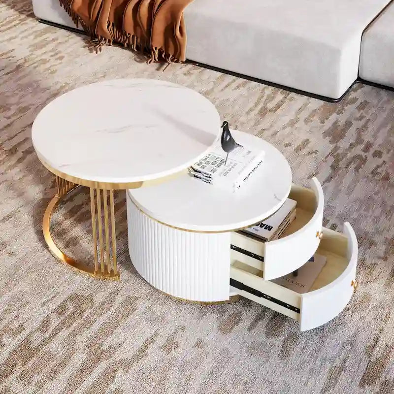 Tavolino da caffè rotondo impilabile con cassetti, 2 pezzi, colore: bianco