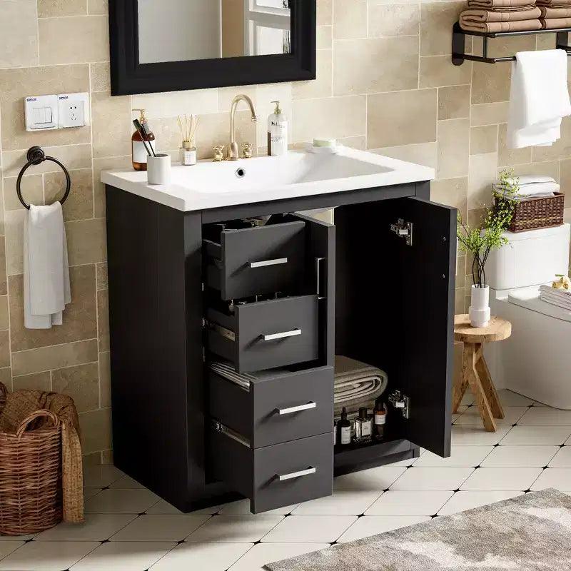 Mobile bagno 30 pollici con lavabo singolo, armadietto e 3 cassetti – Nero / Blu / Verde / Indaco / Bianco