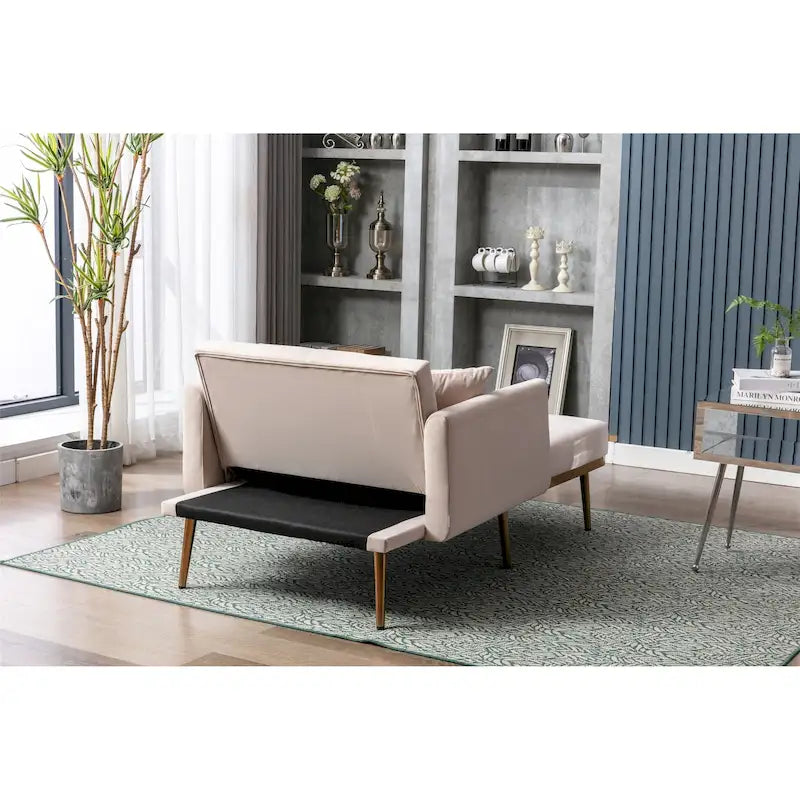 Divano letto-poltrona in velluto trapuntato con piedini color oro rosa per salotto