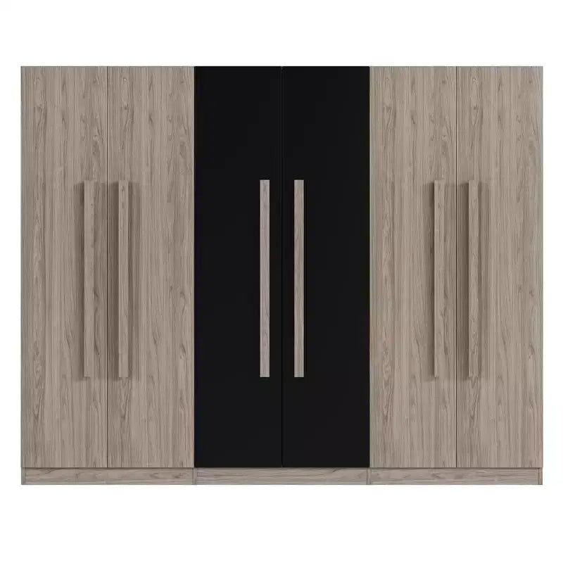 Armadio a 6 ante con 2 cassetti, binari appendiabiti e ripiani, nero+naturale - ModernLuxe