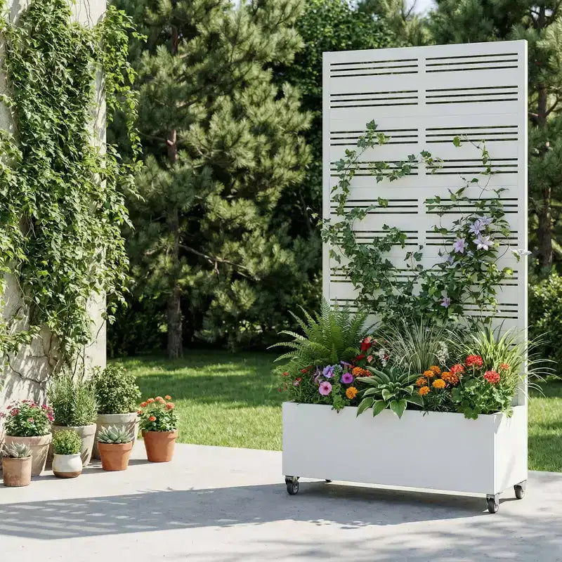 Fioriera rettangolare in ferro battuto bianco MAYEERTY con traliccio (Harold Wide-Narrow B Louvered), 72x35x16, 5 pezzi, decorazione per giardino interno ed esterno