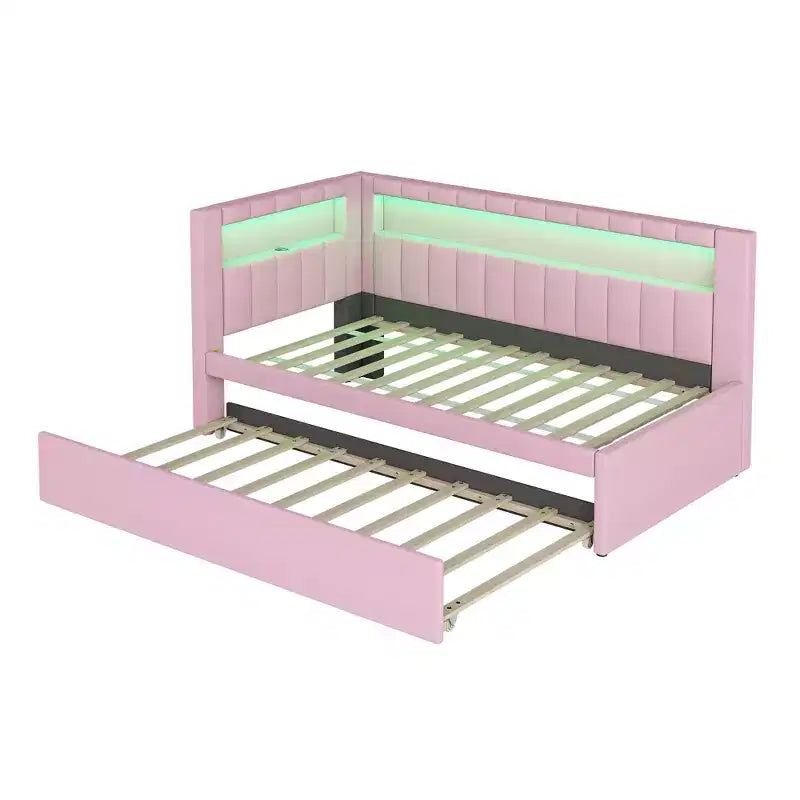 Letto da Giorno Twin/Full con Letto Estraibile e Testiera a Libreria a L, Letto Angolare Imbottito in Lino con Ripiani Portaoggetti e Cinghia a LED