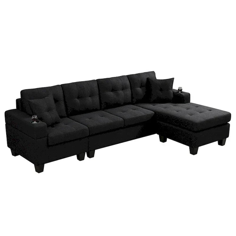 Divano componibile da soggiorno con chaise longue a L e portabicchieri