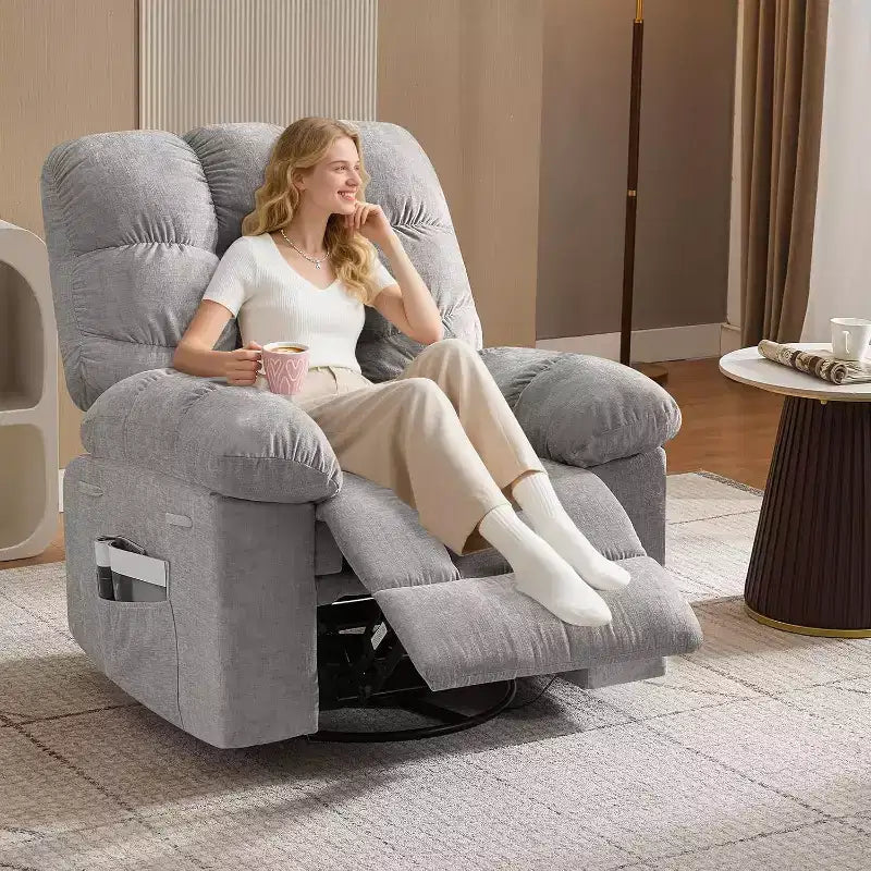 Poltrona Reclinabile Massaggiante con Calore - Girevole a 360°, Dondolo, Divano Singolo Oversize con Vibrazione, USB e Tasche Contenitore per Soggiorno/Camera da Letto