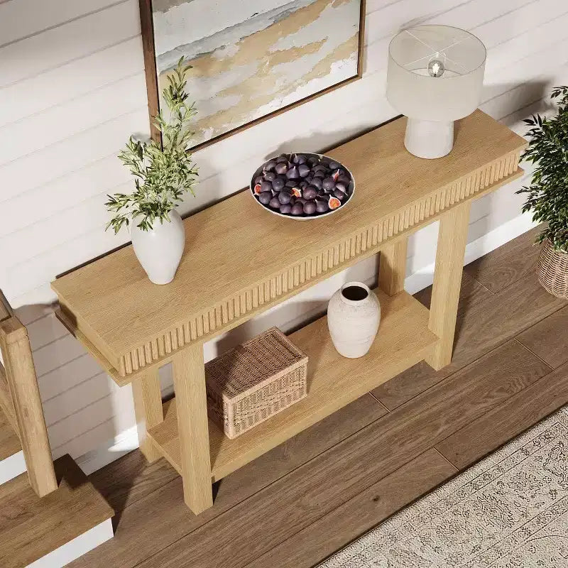 Consolle in legno scanalato stile fattoria a 2 ripiani con scaffale portaoggetti rettangolare stretto, tavolo da ingresso dietro il divano per foyer, corridoio, soggiorno