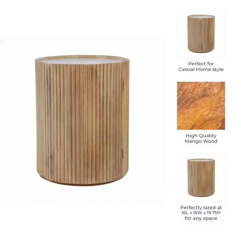 Tavolino Laterale Decorativo in Legno Scanalato con Piano in Marmo e Spazio Contenitivo - Piccolo Tavolino d'Appoggio per Arredo Camera da Letto o Soggiorno