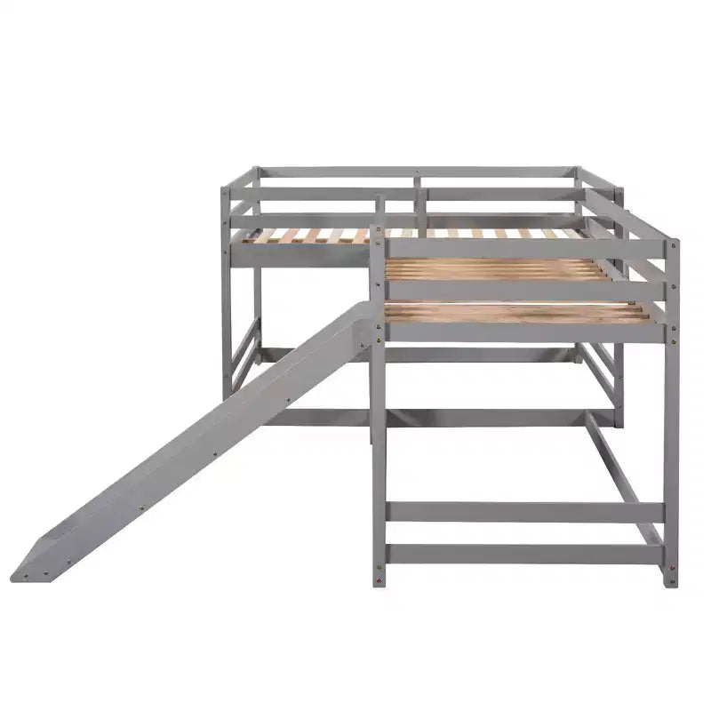 Letto a castello a L per 4 bambini, letto a castello quadruplo con scivolo, struttura in legno full e twin per cameretta dormitorio