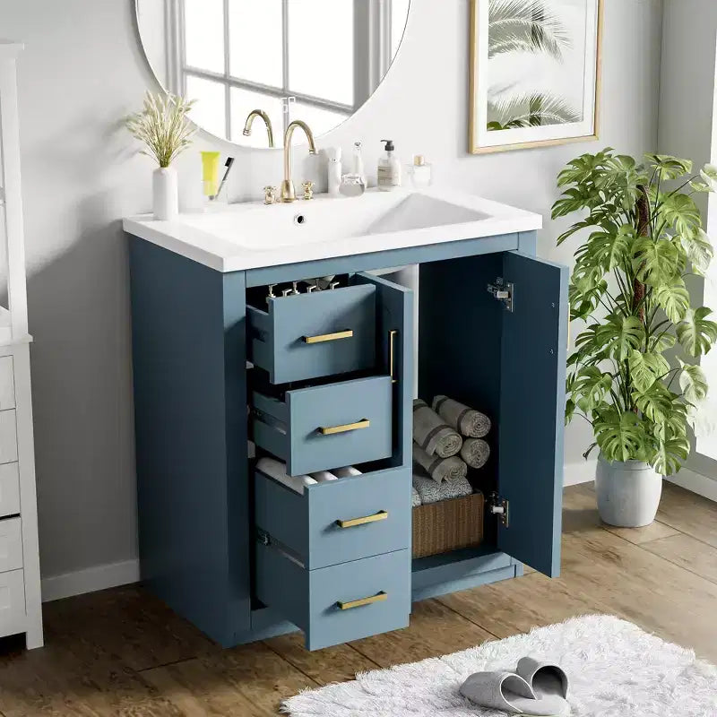Mobile bagno 30 pollici con lavabo singolo, armadietto e 3 cassetti – Nero / Blu / Verde / Indaco / Bianco