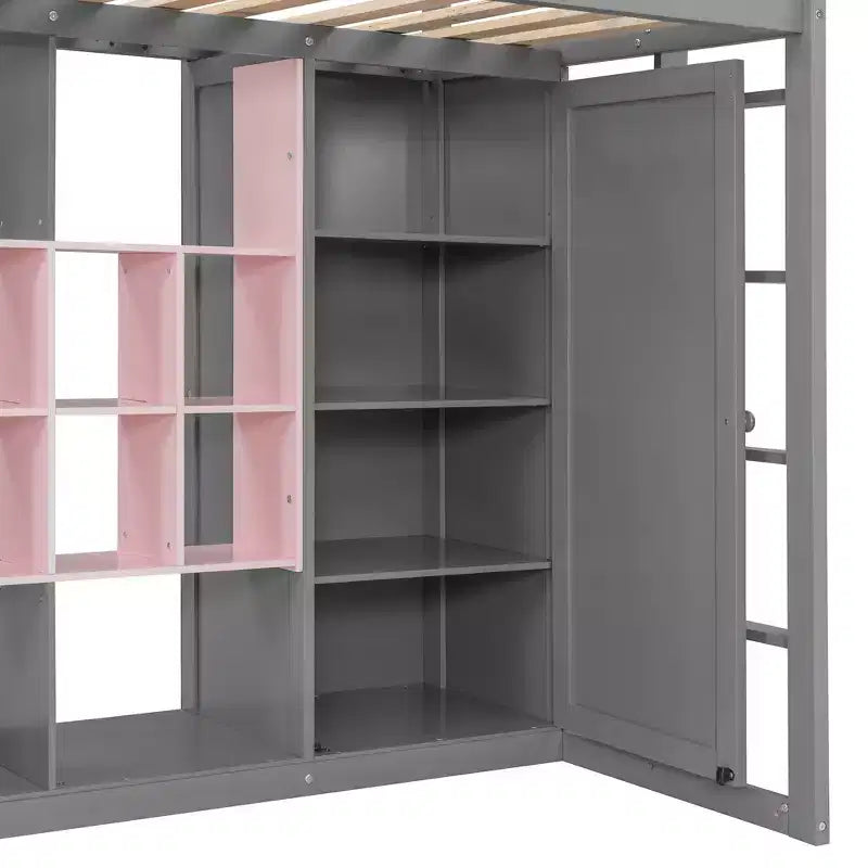 Letto a soppalco per bambini con armadio e mensole, Struttura in legno per letto a soppalco con mobiletto contenitore per bambini e ragazzi