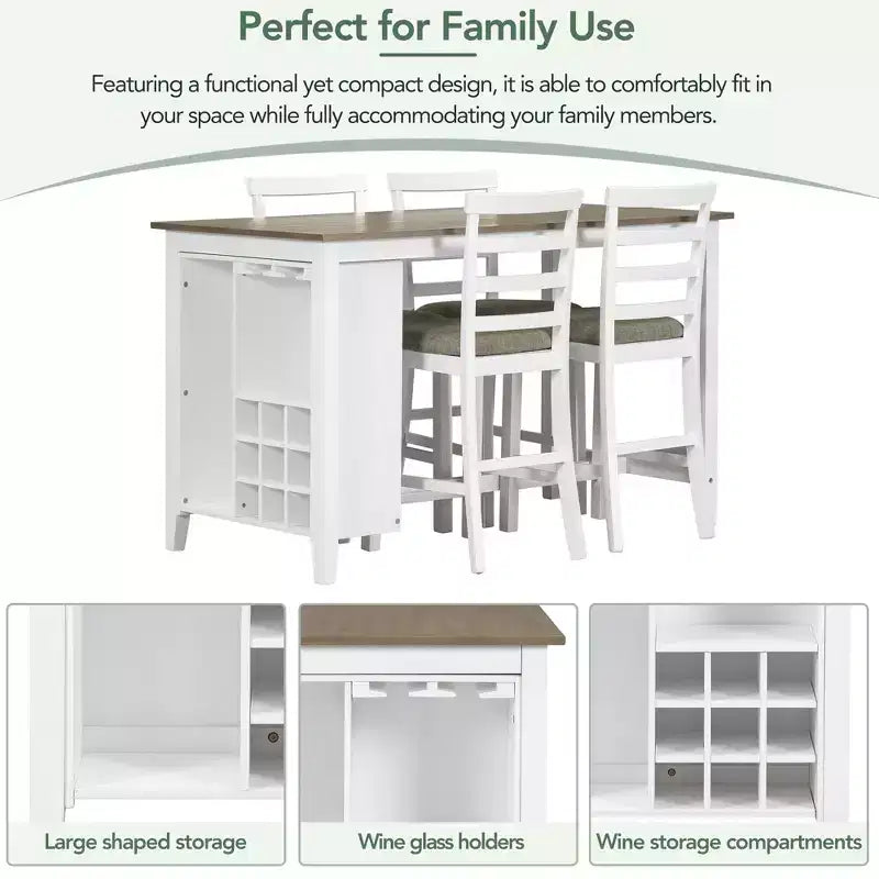 Set da pranzo da 5 pezzi in stile rustico ad altezza bancone con sedie per 4 persone, tavolo rettangolare in legno con ripiani e scomparto per bar/vino