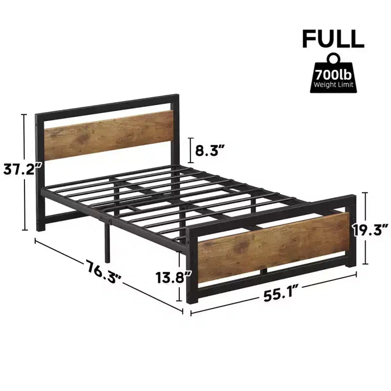Struttura Letto Matrimoniale Robusta con Testiera e Pediera, Piattaforma in Metallo con Spazio Contenitivo di 35 cm, Senza Rumore e Assemblaggio Senza Attrezzi, Marrone Vintage