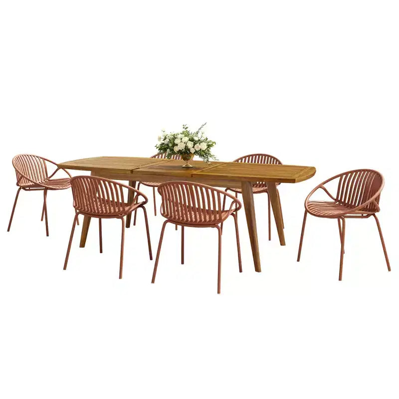 Set da pranzo da esterno allungabile da 7 pezzi con sedie impilabili, tavolo in legno di acacia