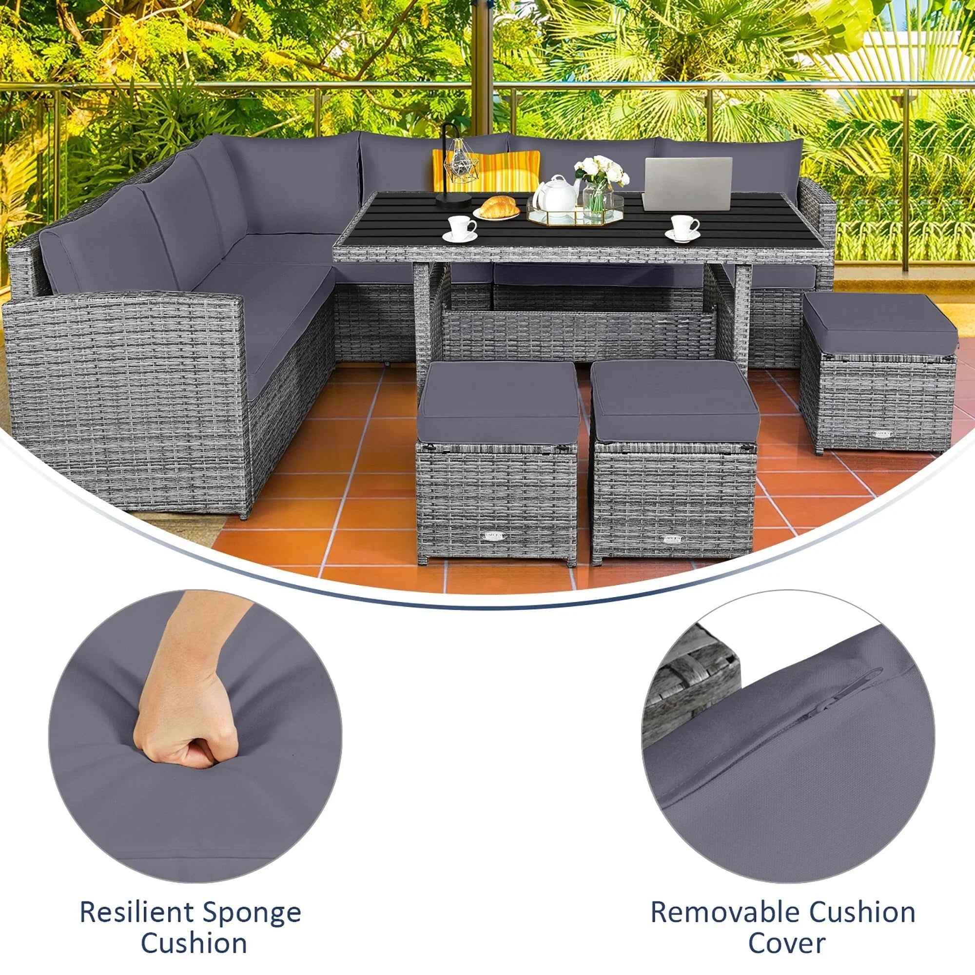 Costway Set da pranzo da 7 pezzi in rattan per esterni Divano componibile ottomano - Vedi dettagli