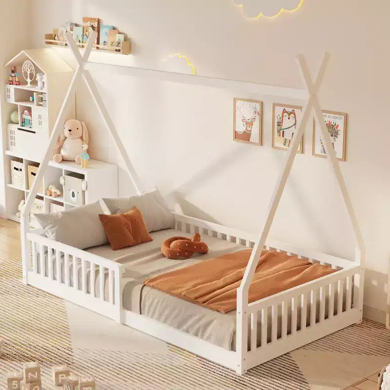Letto a pavimento per bambini, letti a tenda a una piazza, letto a pavimento Montessori con doghe e sponde di protezione, struttura letto a casetta in legno per ragazzi e ragazze