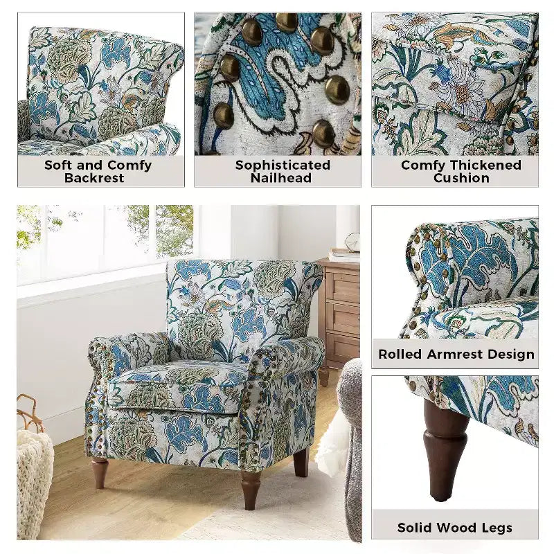 Poltrona Araceli Tradizionale in Legno Imbottita Floreale con Schienale Alto e Borchie | ART OF LIVING DESIGNS