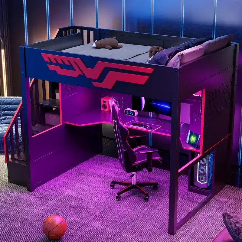 Letto a soppalco da gioco completo con scrivania e luci LED, letto a soppalco alto in legno a una piazza e mezza con scala e scala portaoggetti e USB, rosso+nero