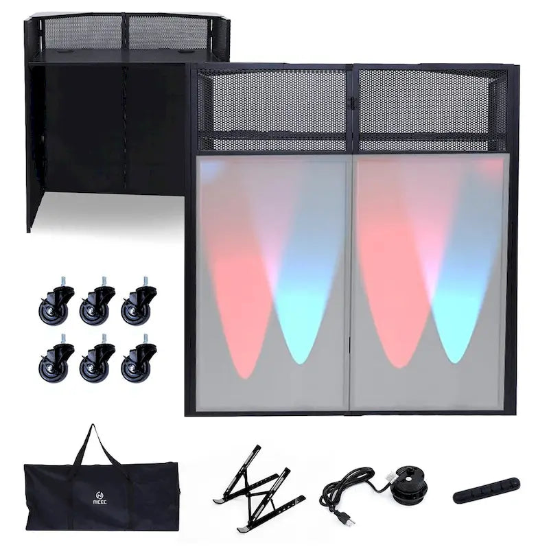 Set Tavolo per DJ Portatile con Tessuti di Copertura Illuminati Integrati, Robusta Custodia per il Trasporto e Dimensioni Compatte di 101x51 cm