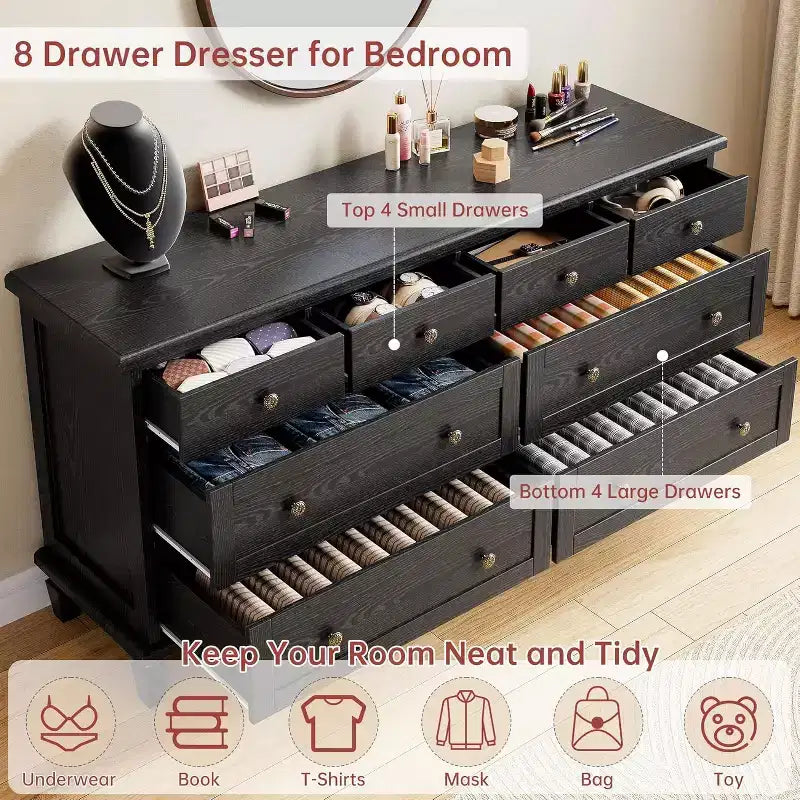 Comò a 8 cassetti per camera da letto, mobile TV vintage da 150 cm con maniglie intagliate e gambe affusolate, cassettiera in legno con grande capacità di archiviazione
