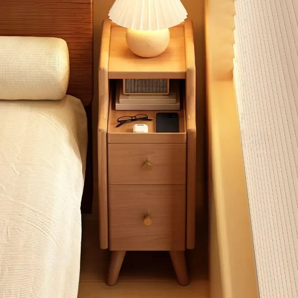 Table de chevet étroite en bois blanc à 2 étagères
