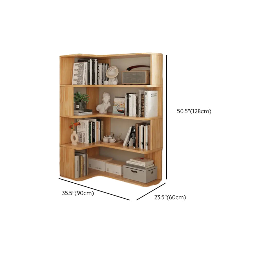 Libreria verticale angolare in legno con schienale aperto e finitura naturale