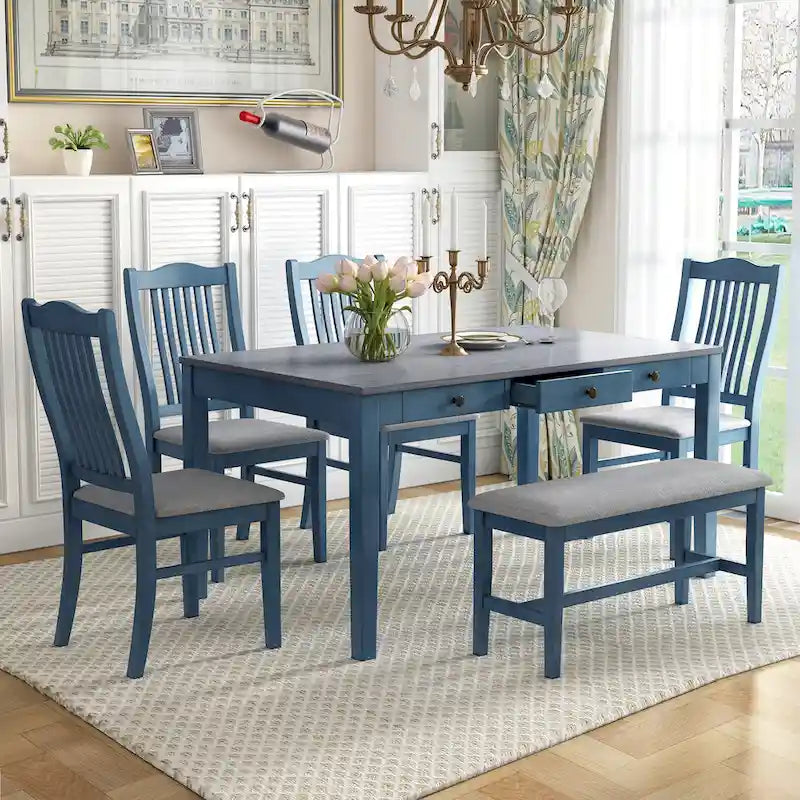 Set da pranzo di 6 pezzi in legno con 4 sedie e panca, tavolo con cassetto