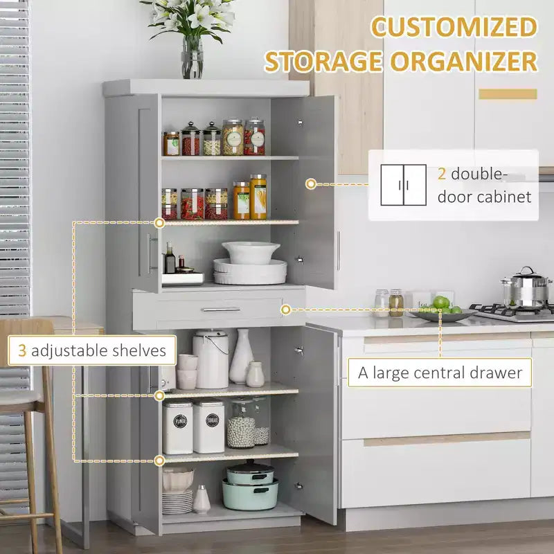 Dispensa da Cucina Moderna, Mobile Autoportante con Ante e Cassetti, Ripiani Regolabili