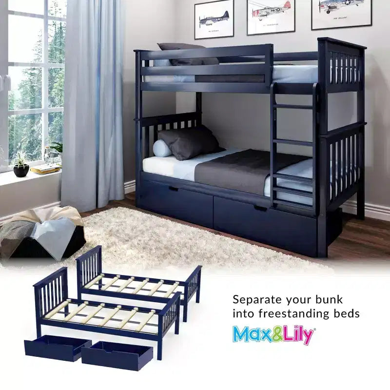 Letto a castello in legno massello singolo su singolo per bambini con cassetti portaoggetti sotto il letto