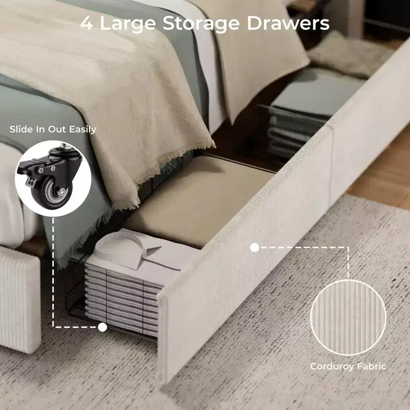 CuisinSmart - Struttura letto in velluto a coste con testiera, struttura letto imbottita con piattaforma con 4 cassetti portaoggetti e supporto a doghe in legno