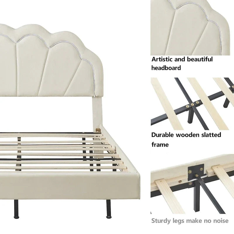 Comodino a 2 Pezzi Letto a Piattaforma Matrimoniale a LED con Pouf Contenitore